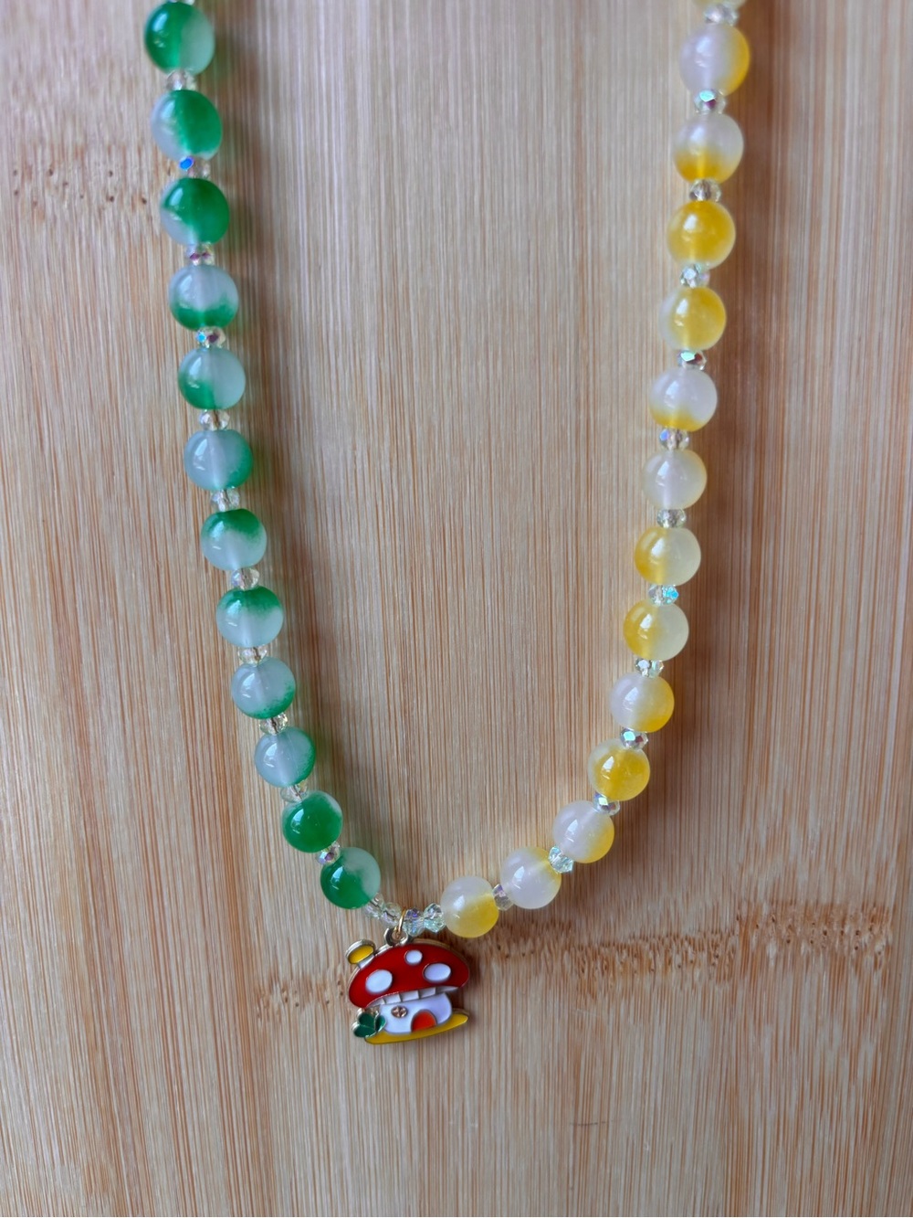 Whimsical Mushroom Beaded Necklace in Green & Yellow